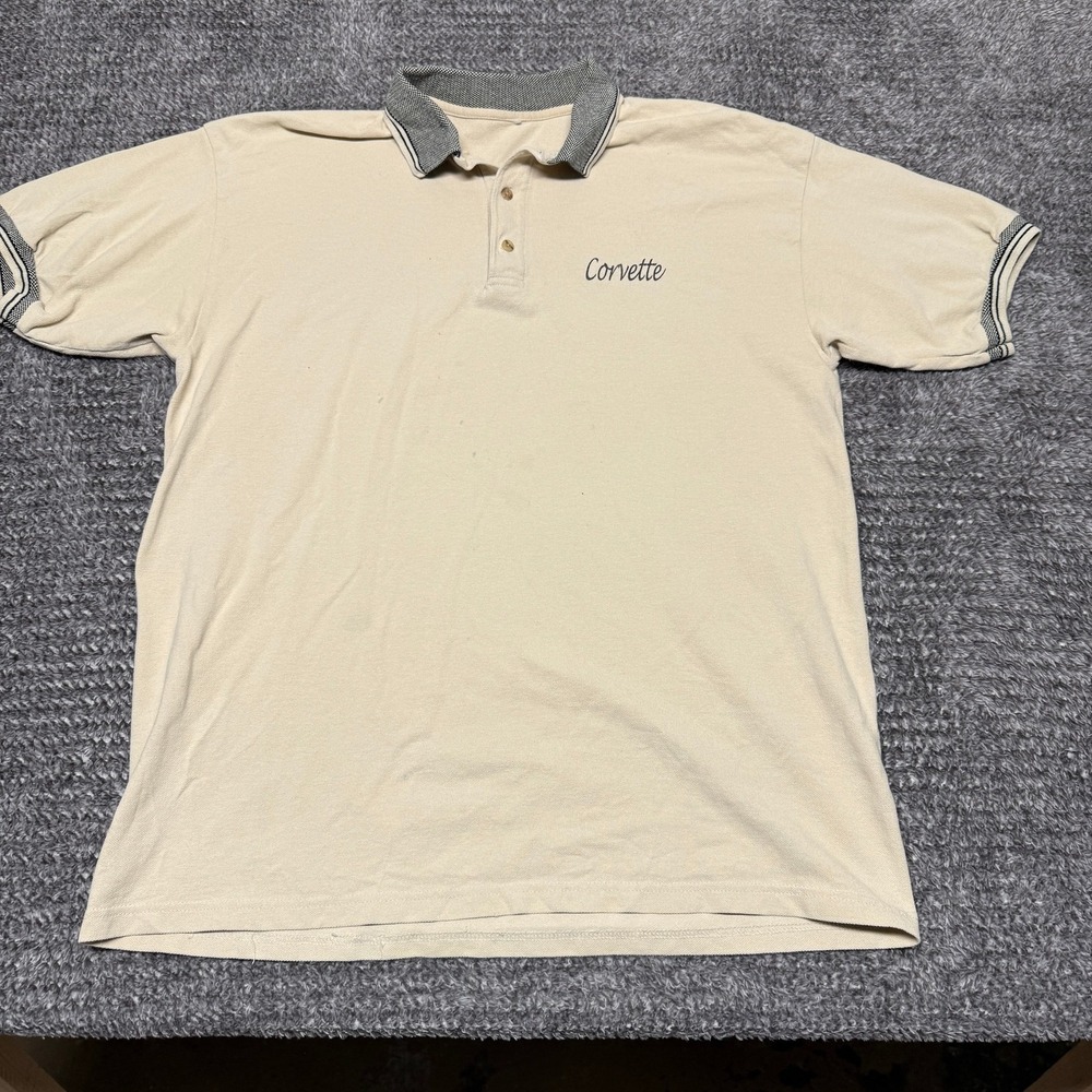 Corvette Mens L Polo‎ Shirt Beige Pique Short Sleeve Embroidered Gray Black Trim
